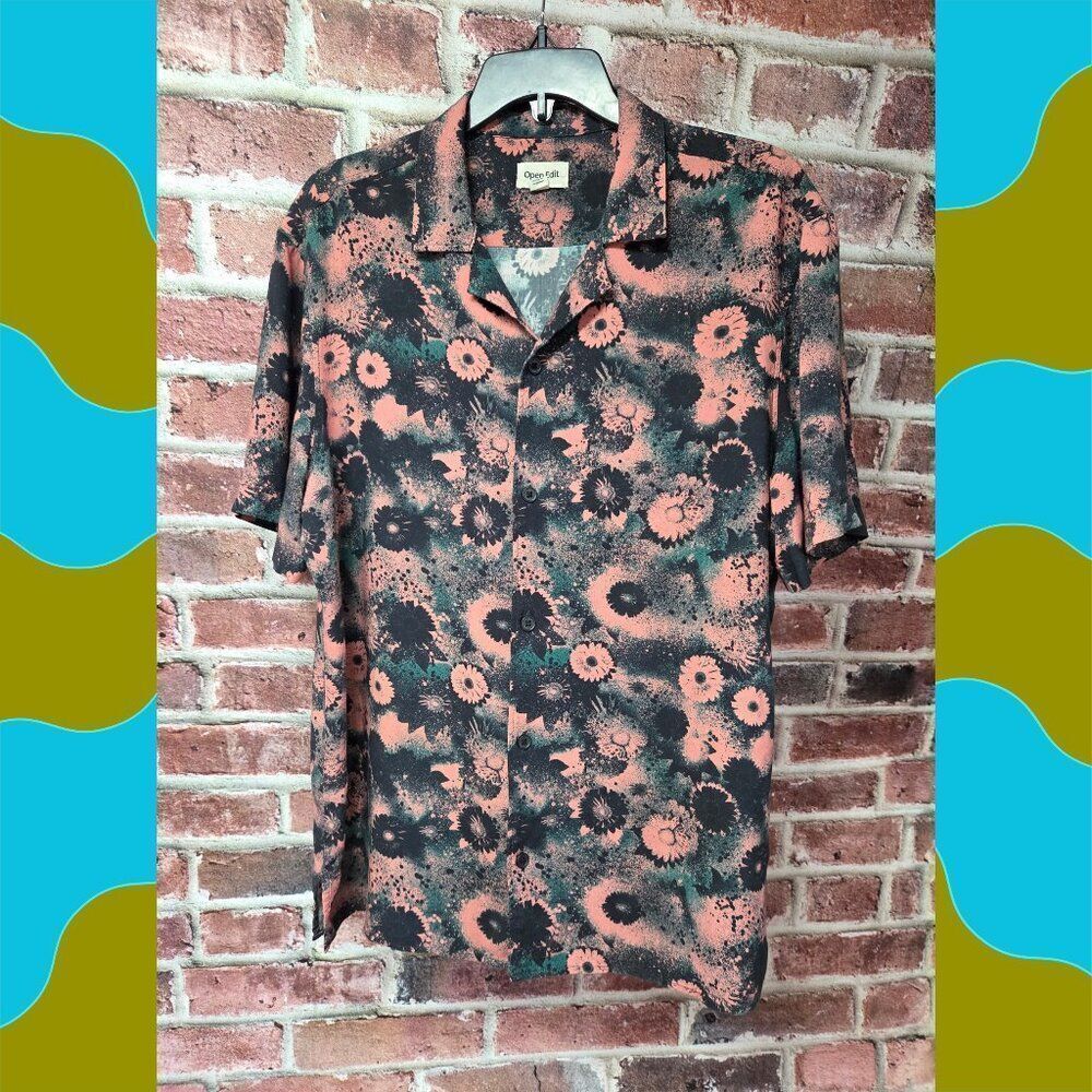 Open Edit Hawaiian Shirt L | Floral Button Down Tropical‎ Vacation Resort